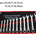 12 Piece Ratchet Spanner Set With 180 Degree Pivoting Head For Tight Spaces displayed in a tool roll with sizes marked.