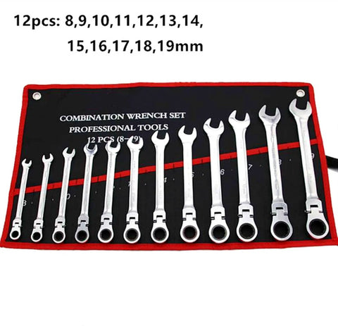 12 Piece Ratchet Spanner Set With 180 Degree Pivoting Head For Tight Spaces displayed in a tool roll with sizes marked.