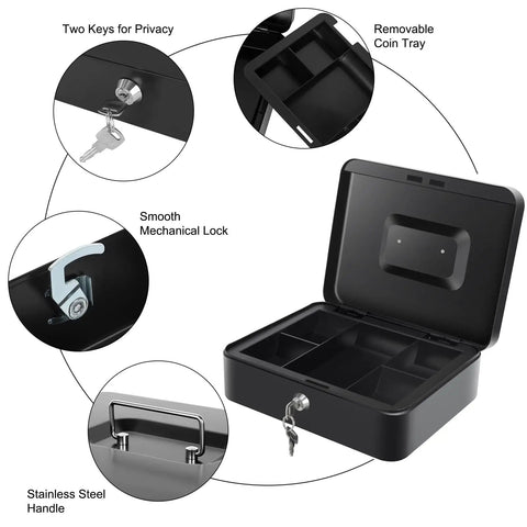 Sturdy Locking Cash Box With Pull Out Tray And Five Compartment Organizer Large Metal Safe Box For Cash Keys And Jewelry Black Sized 9.84 By 7.87 By 3.54 Inches with removable tray and key lock