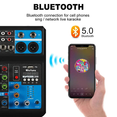 Mini 5 Channel DJ Mixer With Bluetooth USB MP3 Stereo 48V Phantom Power shown with phone connecting via Bluetooth.