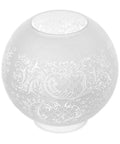 8 Inch Ball Style Gas Shade With Etched Clear Filigree Design, Satin Finish, Floral Scene Glass Shade For Vintage Gas Lamps And Lanterns