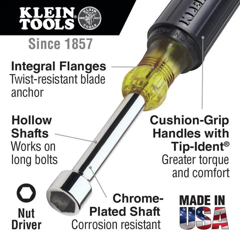 Nut Driver Set With Cushion Grip And Chrome Plated 6 Inch Shafts, 7 Piece Includes Sizes 3/16 to 1/2 Inch, Made In USA close-up