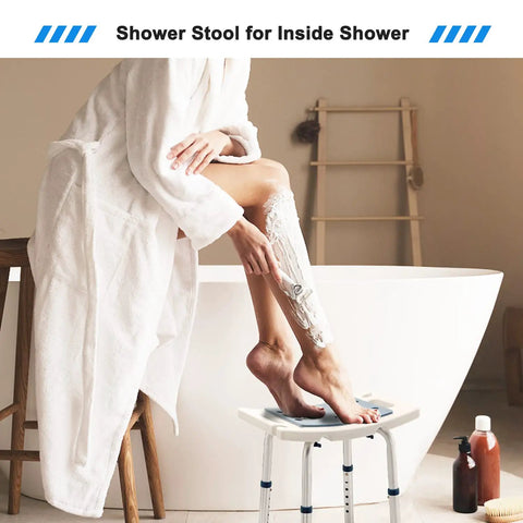 Shower Stool With Head Holder For Inside Shower And Tub in use during shaving, adjustable height bath chair, suitable for seniors and disabled.