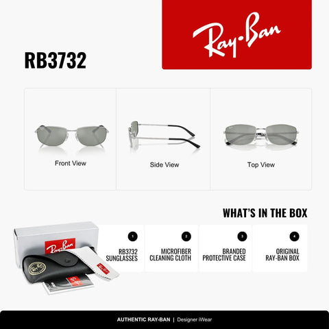 RB3732 00340 56mm Silver Green And Silver Rectangle Sunglasses For Men And Women Unisex Shades with packaging and accessories
