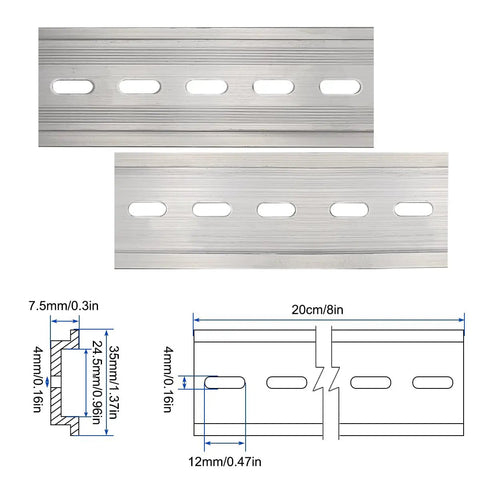 10 Pack 8 Inch Aluminum DIN Rails Top Hat Slotted For Hardware Mounting, 7.5 mm Height By 35 mm Width By 200 mm Length diagram