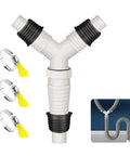 Heavy Duty Universal Drain Hose Fitting Tee With Three Secure Clamps For Washing Machine And Dishwasher Connect, white plastic, Y-shape design.