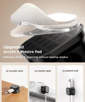 Close-up of upgraded acrylic adhesive pad with firm hold and no residue removal, attached to various surfaces.