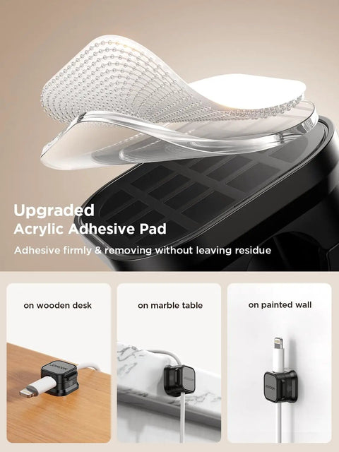 Close-up of upgraded acrylic adhesive pad with firm hold and no residue removal, attached to various surfaces.