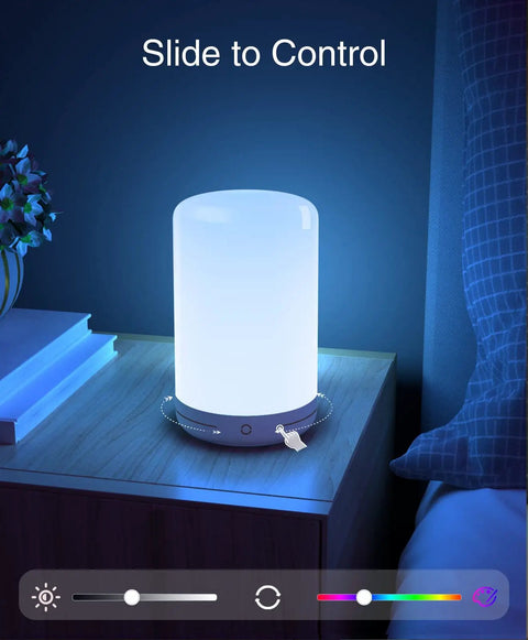 Smart WiFi Desk Lamp With Alexa And Google Assistant Voice Control App Remote Dimmable LED Light With Multi Color Vibes illuminated on bedside table.