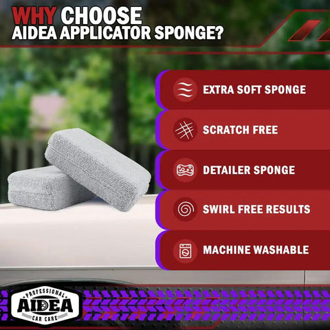 Two gray Microfiber Applicator Pad Set 8 Pack For Car Wax Sealant And Polish Application Soft Non Scratch Detailing Sponges on car hood.