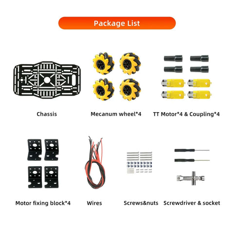Omni Directional Mecanum Wheel Robot Chassis Kit With Four 60mm Wheels, Aluminum Alloy Frame, Four TT Motors, Arduino Raspberry Pi Compatibility package contents