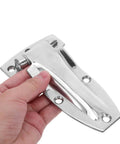 Hand holding Built Tough Stainless Steel Box Truck Hinges Cargo Trailer Rear Door Hardware, showcasing weather resistance design.