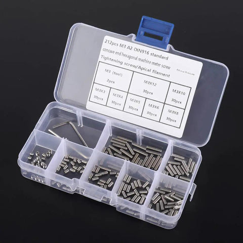 Heavy Duty M3 Captive Screws 212 Piece Hardware Kit 304 Stainless Steel Fasteners With Storage Box, organized parts for quick access.