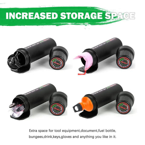 Rugged Off Road Motorcycle Tool Tube Waterproof Storage Box with various items inside for adventure riders