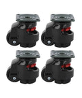 Rock Solid Industrial Leveling Caster Set Adjustable Support Roll Wheels For Heavy Machines And Workshop Carts Top Tier Heavy Duty Gear Smooth Rolling 4 Pack with black housing and leveling base.