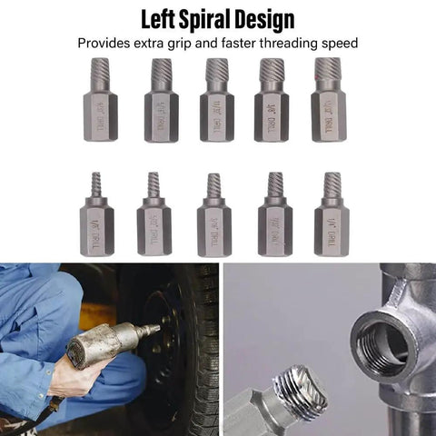 Super Cool 10 Piece Screw Extractor Set Made From Tough Chrome Moly Steel To Rip Out Stripped Bolts and Broken Fasteners With Ease Featuring Red Storage Box For Easy Tool Organization, left spiral drill bits