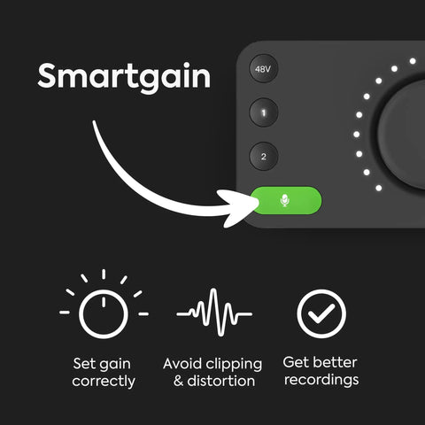 EVO 4 USB Audio Interface Dope Studio Gear With SmartGain Auto Dial DSP Low Latency Mixer; close-up of SmartGain feature and controls