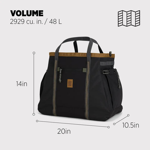 Monster 48L Gear Hauler Tote Bag In Recycled Nylon Free Standing And Abrasion Resistant displayed with size dimensions.