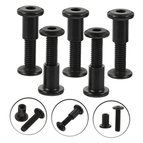 Set Of Five Heavy Duty Binding Screws And Countersunk Cap Nuts For Furniture Hardware And Leather Craft Projects. Five black stainless screws.