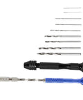Pin Vise Hand Drill Set 27 Pc Kit 0.5mm To 3mm Miniature Drill Bits For Jewelry Making, Model Craft, Electronics And DIY Projects With Semi Automatic Rotating Bit And Black Needle Vise Handle, Pro Grade Tool For Precise Small Work. Black and blue pin vise hand drill with assorted drill bits