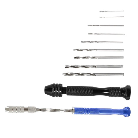 Pin Vise Hand Drill Set 27 Pc Kit 0.5mm To 3mm Miniature Drill Bits For Jewelry Making, Model Craft, Electronics And DIY Projects With Semi Automatic Rotating Bit And Black Needle Vise Handle, Pro Grade Tool For Precise Small Work. Black and blue pin vise hand drill with assorted drill bits