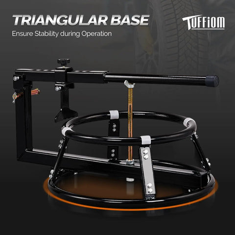 Heavy Duty Rugged Tire Change Stand For 16 To 21 Inch Tires Motorcycle Bead Popper with wide, stable base, close-up view