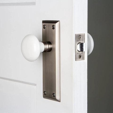 White Porcelain Round Door Knob With Plate For Interior Doors, Vintage Style Hardware Set With Easy Install, side view