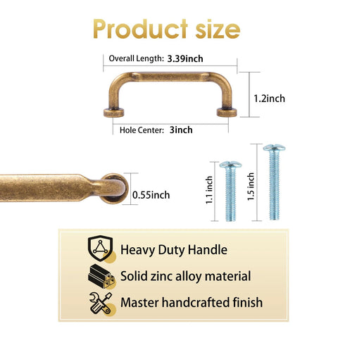 Product size details of Antique Brass Zinc Alloy Cabinet Pulls 3 Inch Hole Center, showcasing measurements and heavy-duty construction.
