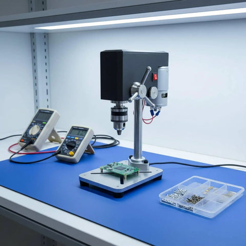 ShengQuanHao Mini Bench Drill Press With Precision Chuck for drilling circuit boards on a blue work surface.