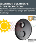 Celestron solar safe filter technology showcasing sun protection and filter design. ISO 12312-2:2015(E) compliance highlighted.