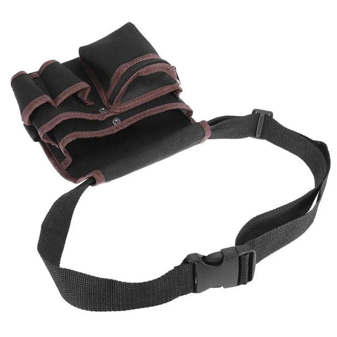 Top Shelf Electrician Tool Belt With Spacious Multi Pocket Waist Pouch Rugged Industrial Build And Slick Hustle Proof Fit showing durable black fabric with multiple pockets.