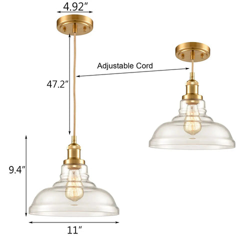 Modern Brass Pendant Light For Kitchen Island With Hand Blown Glass Shade, Farmhouse Style Ceiling Fixture, 47.2 Inch Adjustable Cord