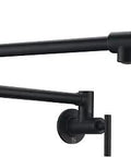 24 Inch Wall Mounted Pot Filler In Matte Black Finish With Solid Brass 360 Degree Swing Arm Dual Handle Dual Shut Off Valve Double Joint Folding Kitchen Faucet For Dope Convenience And Easy Reach, shown side view
