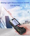 Rock Solid Bluetooth Laser Distance Measurer With 229 Foot Range And IP54 Weather Defense measuring distance with a laser beam.