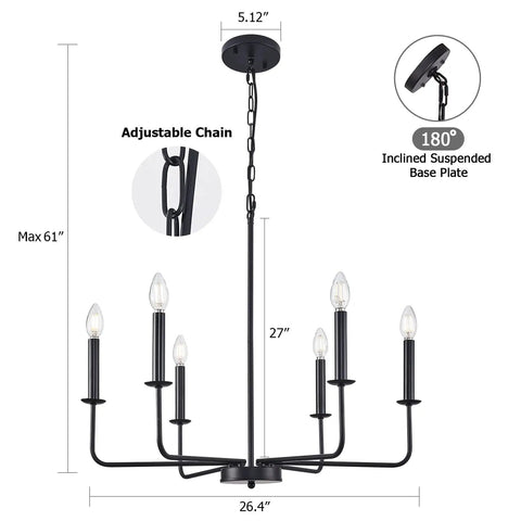 Six Light Black Farmhouse Chandelier With Modern Pendant Design For Dining Room Kitchen Island Entryway Living Room Rustic Industrial Candle Style Ceiling Light