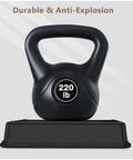 220 lb black kettlebell with durable handle on storage base, labeled "Durable & Anti-Explosion".