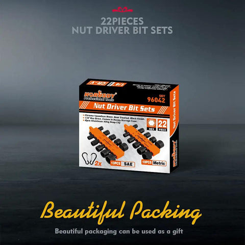 Box of 22 Piece Power Nut Driver Set For Impact Drill SAE And Metric Bits One Quarter Inch Hex Driver Keys Hex Drill Bit Kit