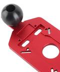 Close-up of Rock Solid Aluminum Router Base Plate Adjustable Clamp with black easy grip handle for precision wood trimming.