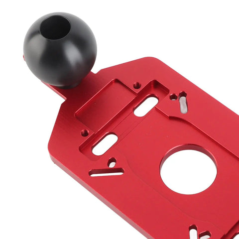 Close-up of Rock Solid Aluminum Router Base Plate Adjustable Clamp with black easy grip handle for precision wood trimming.