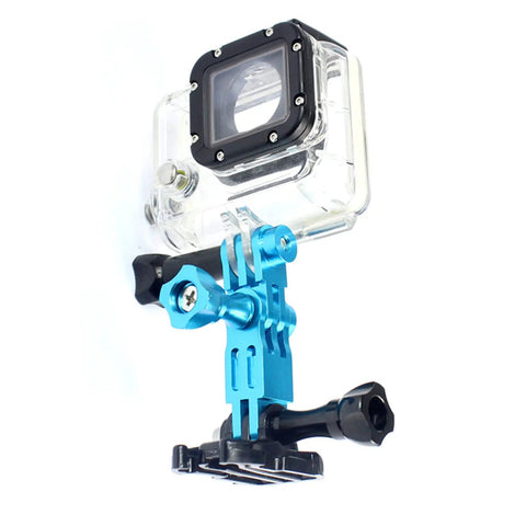 Beefy Aluminum Alloy Extension Arm Kit 2 Pack Pivot Mounts For Action Cameras Like DJI Osmo AKASO CamPark YI In Blue And Black Heavy Duty And Versatile For Cycling Surfing Skiing Snowboarding Mountain Climbing with mounted action camera