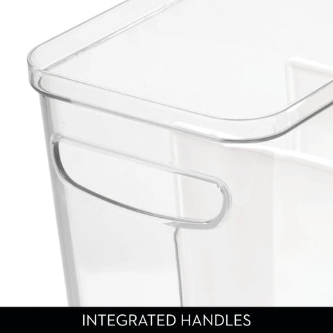 Close-up of Divided Kitchen Organizer Bin With Handles In Clear And Matte White, 6 By 8 By 14 Inches, showing integrated handles.