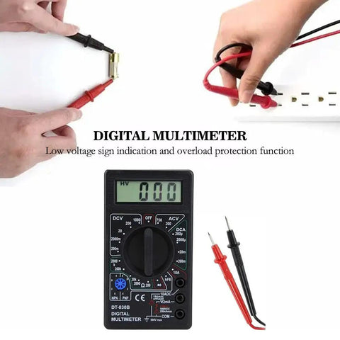 Pocket Size Digital Multimeter With LCD Auto Range for Voltage AC Current Resistance testing, hands using probes on white background