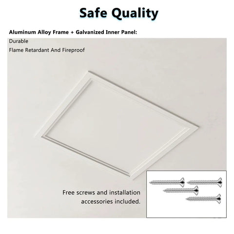Heavy Duty White Aluminum Drywall Access Panel Removable Wall Hole Cover 8 By 8 Inch showing installation details and screws included.