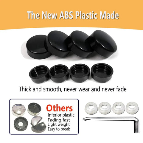 Matte Black License Plate Screw Caps Kit With M6X20mm Stainless Steel Bolts, showing ABS plastic caps and comparison