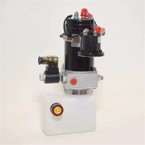 Compact 12V Or 24V Hydraulic Power Unit With.75L Reservoir For Electric Pallet Trucks, featuring a black pump and white reservoir.