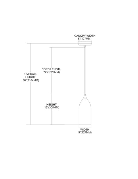 Diagram showing dimensions of Verona Mini Pendant Light 1 Light Satin Nickel Finish With Snow White Glass Pendant Ceiling Fixture