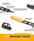 Universal MC4 Disconnect Tool 6-In-1 Wrench with yellow handle showing tool features and parts labeled, compatible with MC4, T4, PV4, PV4-S, and Amphenol H4 connectors.