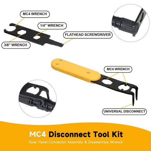 Universal MC4 Disconnect Tool 6-In-1 Wrench with yellow handle showing tool features and parts labeled, compatible with MC4, T4, PV4, PV4-S, and Amphenol H4 connectors.