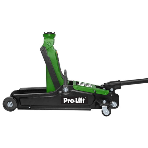 Pro-Lift 2-Ton floor jack, green and black, side view.