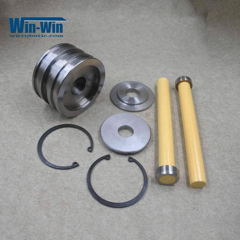 Waterjet spare parts piston assembly for intensifier pump; yellow pistons, metal discs and seals (Win-Win) front view